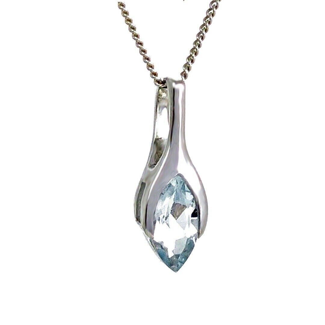 9ct White Gold Aquamarine Pendant Minimalist Marquise Natural Gemstone