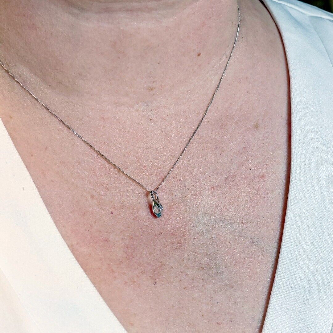 9ct White Gold Aquamarine Pendant Minimalist Marquise Natural Gemstone