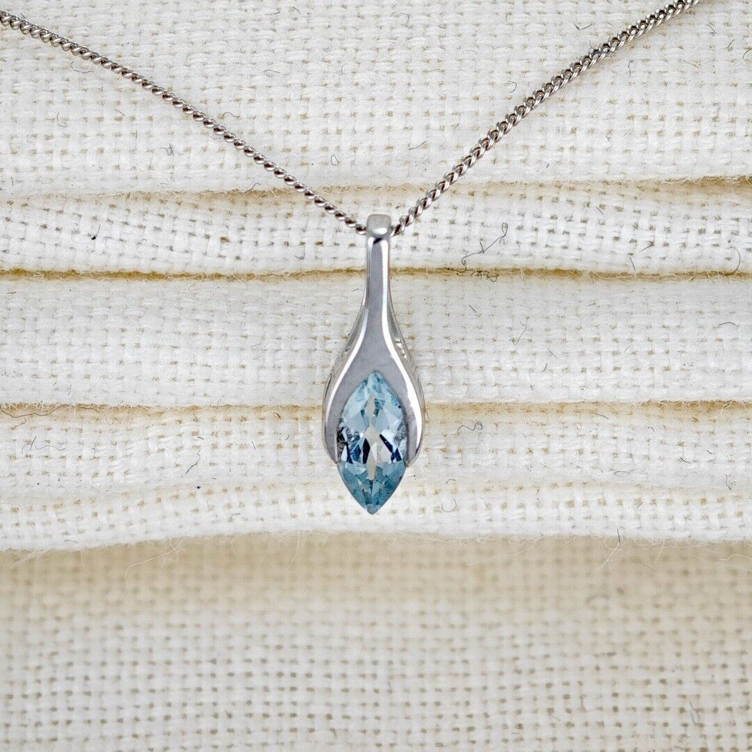 Aquamarine Minimalist Marquise Necklace in 9ct White Gold
