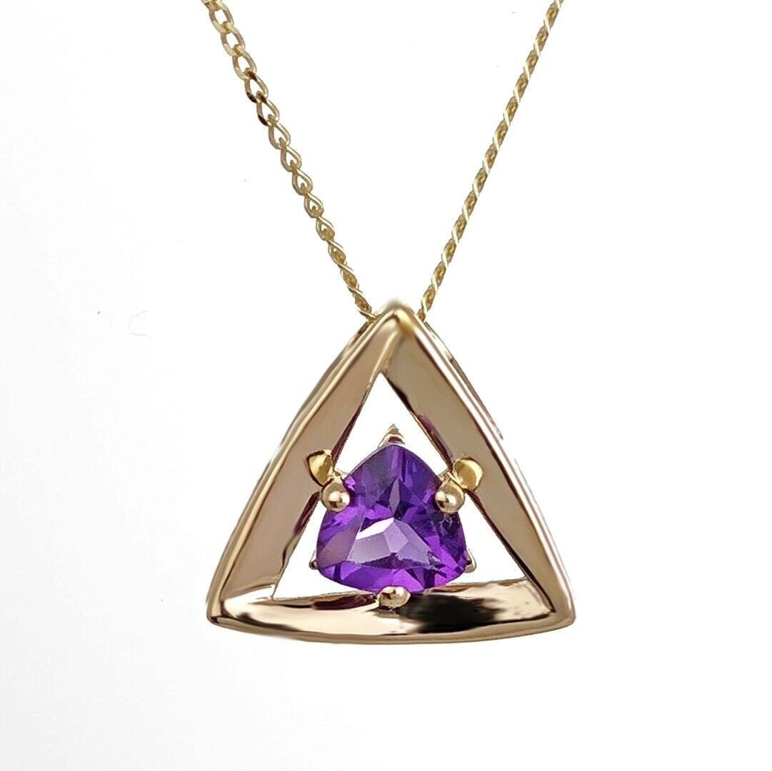 9ct Gold Triangle Amethyst Pendant Natural Purple Trillion Gemstone