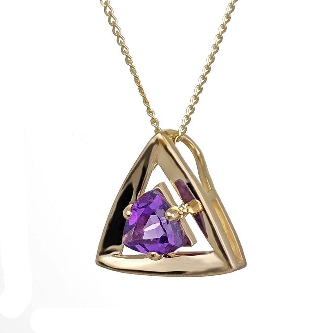 9ct Gold Triangle Amethyst Pendant Natural Purple Trillion Gemstone