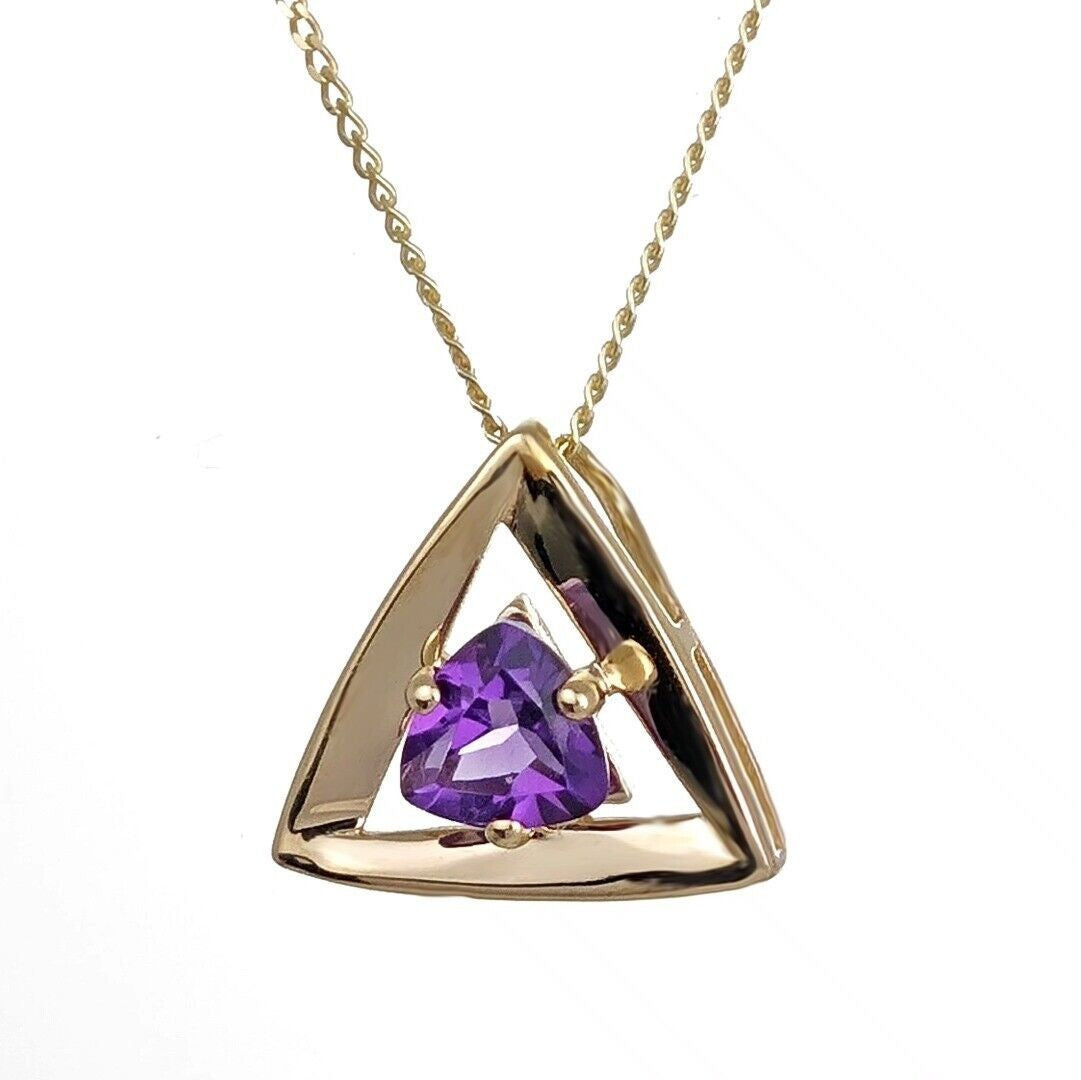 9ct Gold Triangle Amethyst Pendant Natural Purple Trillion Gemstone