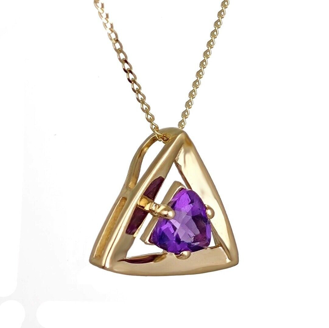 9ct Gold Triangle Amethyst Pendant Natural Purple Trillion Gemstone