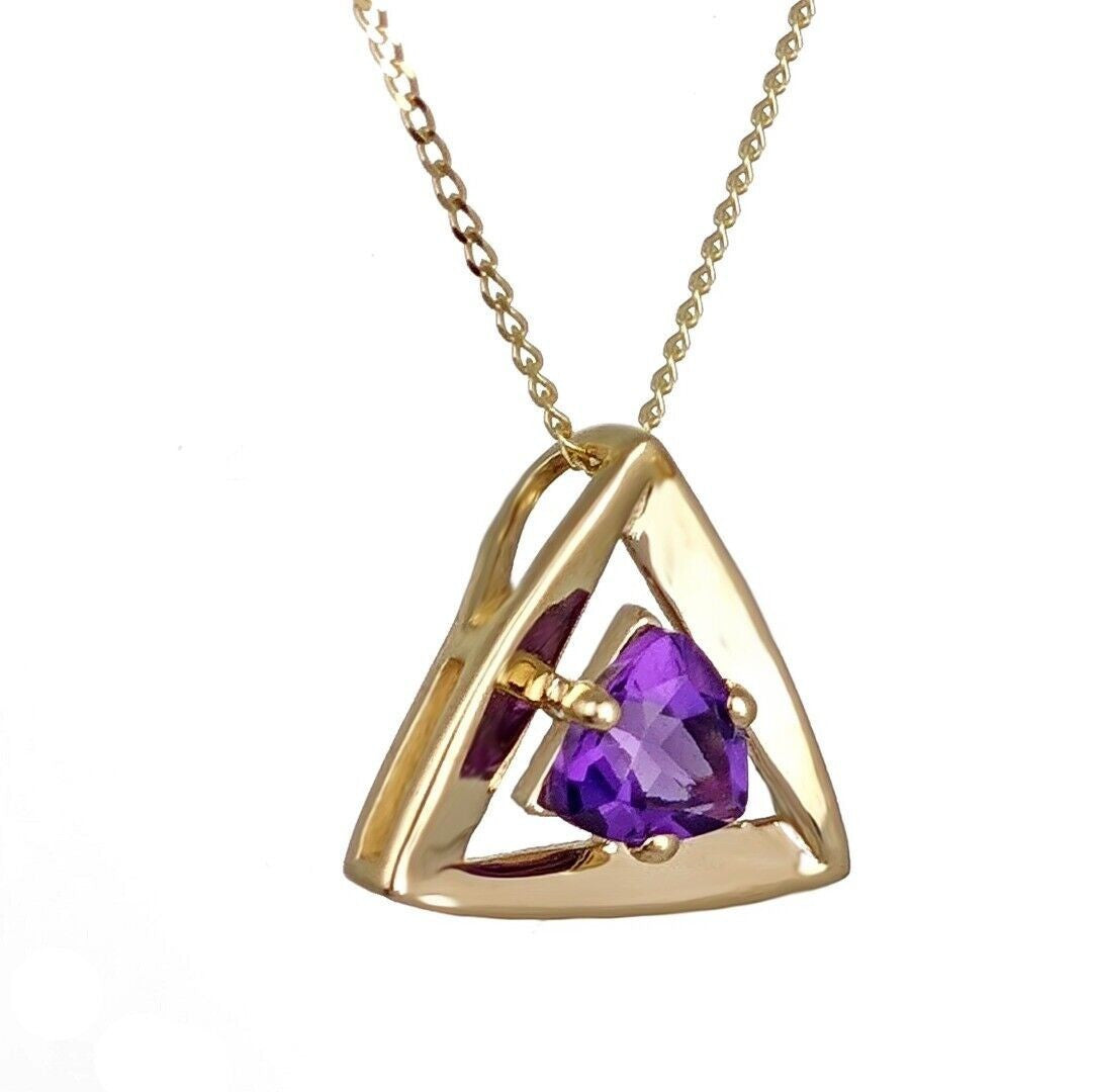 9ct Gold Triangle Amethyst Pendant Natural Purple Trillion Gemstone