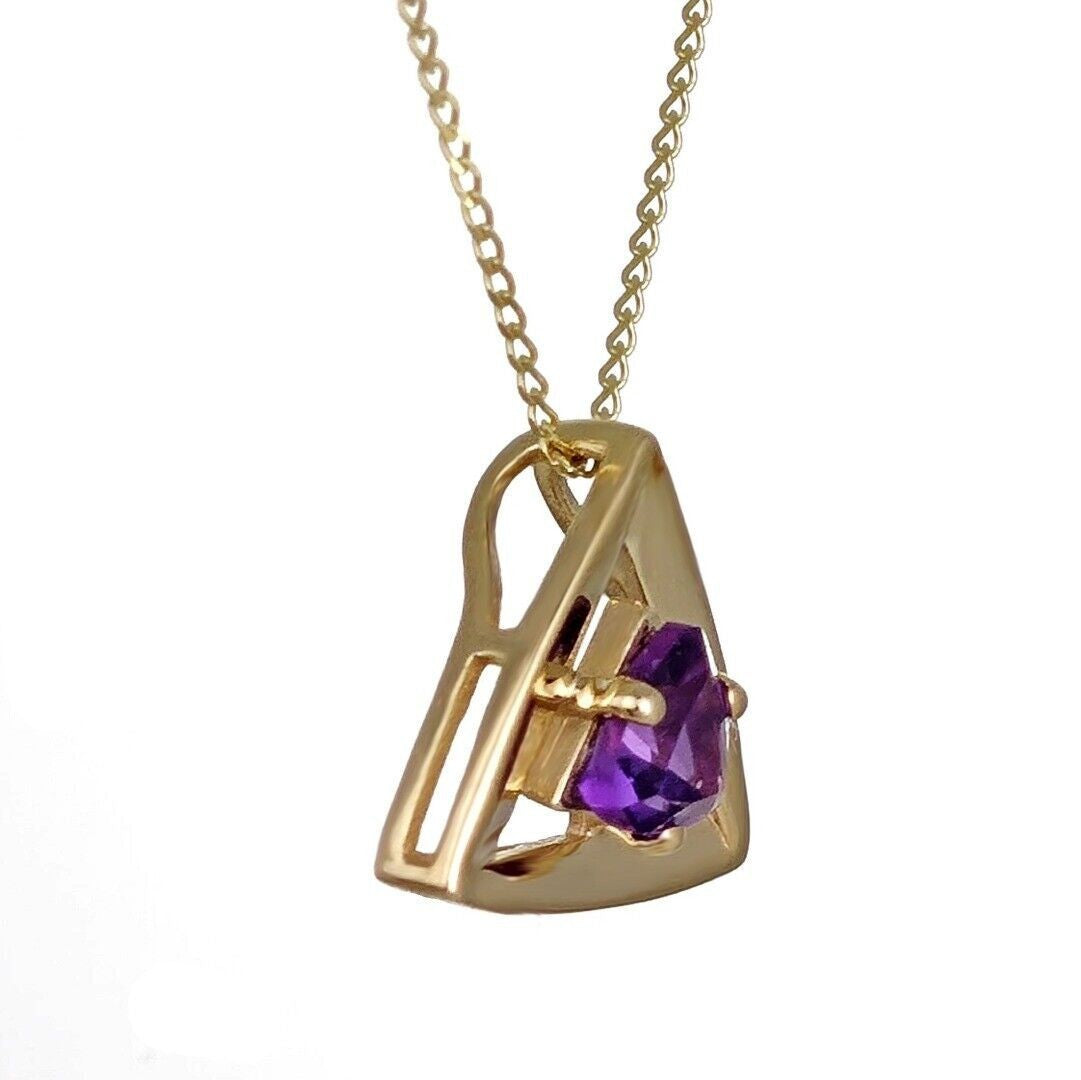 9ct Gold Triangle Amethyst Pendant Natural Purple Trillion Gemstone