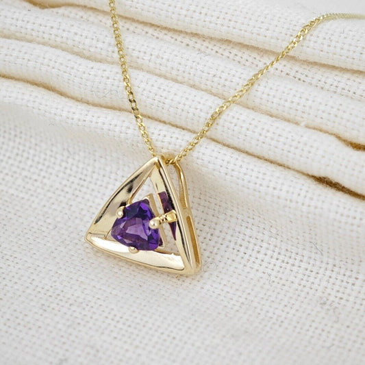 9ct Gold Triangle Amethyst Pendant Natural Purple Trillion Gemstone