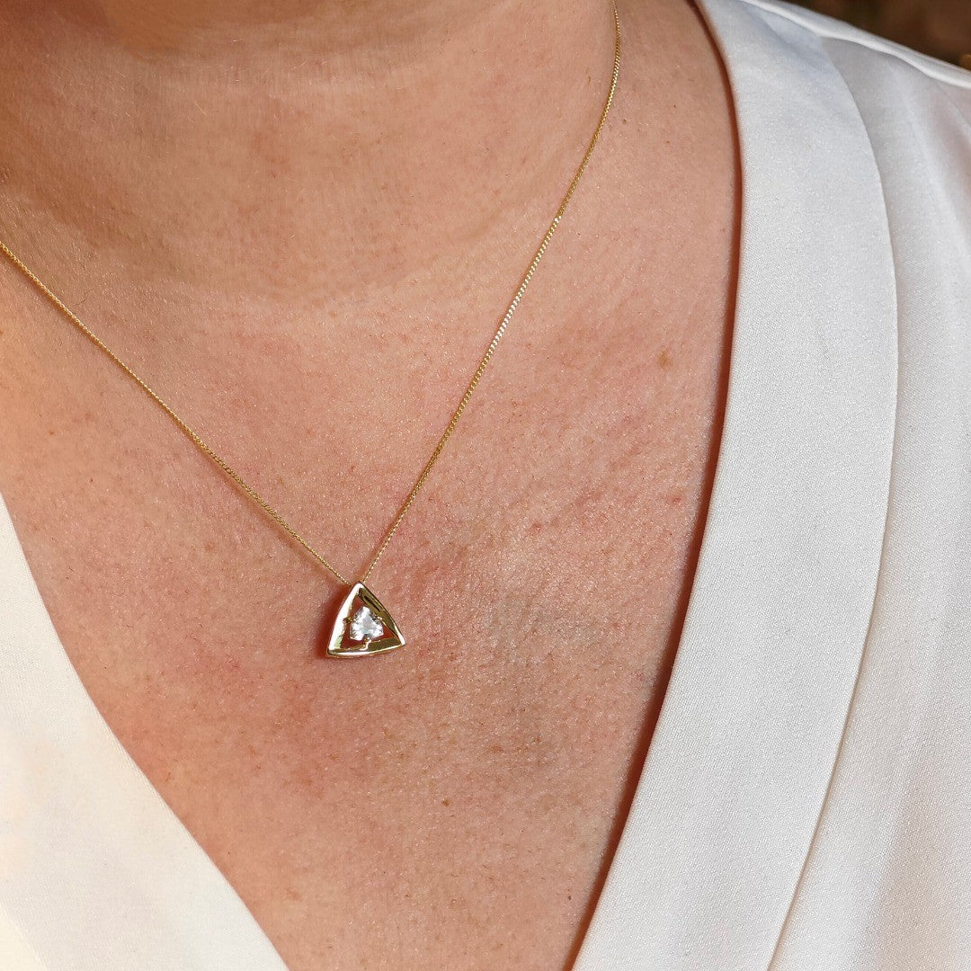 9ct Yellow Gold Topaz Necklace Natural White Trillion Gemstone Pendant