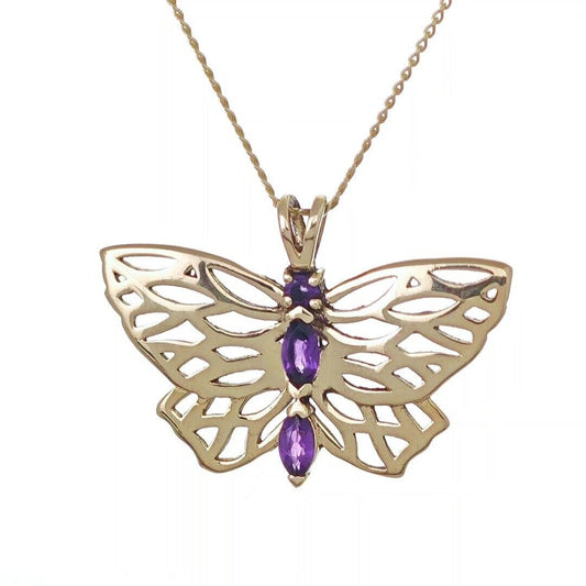9ct Gold Amethyst butterfly Necklace Hallmarked Pendant