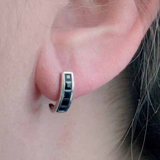 Sterling Silver Earrings Hoop Half Sapphire Ink Blue Oval Womens