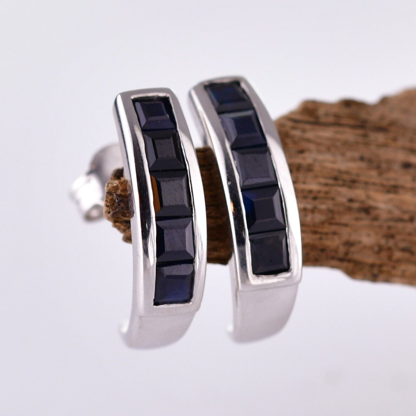 Sterling Silver Earrings Hoop Half Sapphire Ink Blue Oval Womens