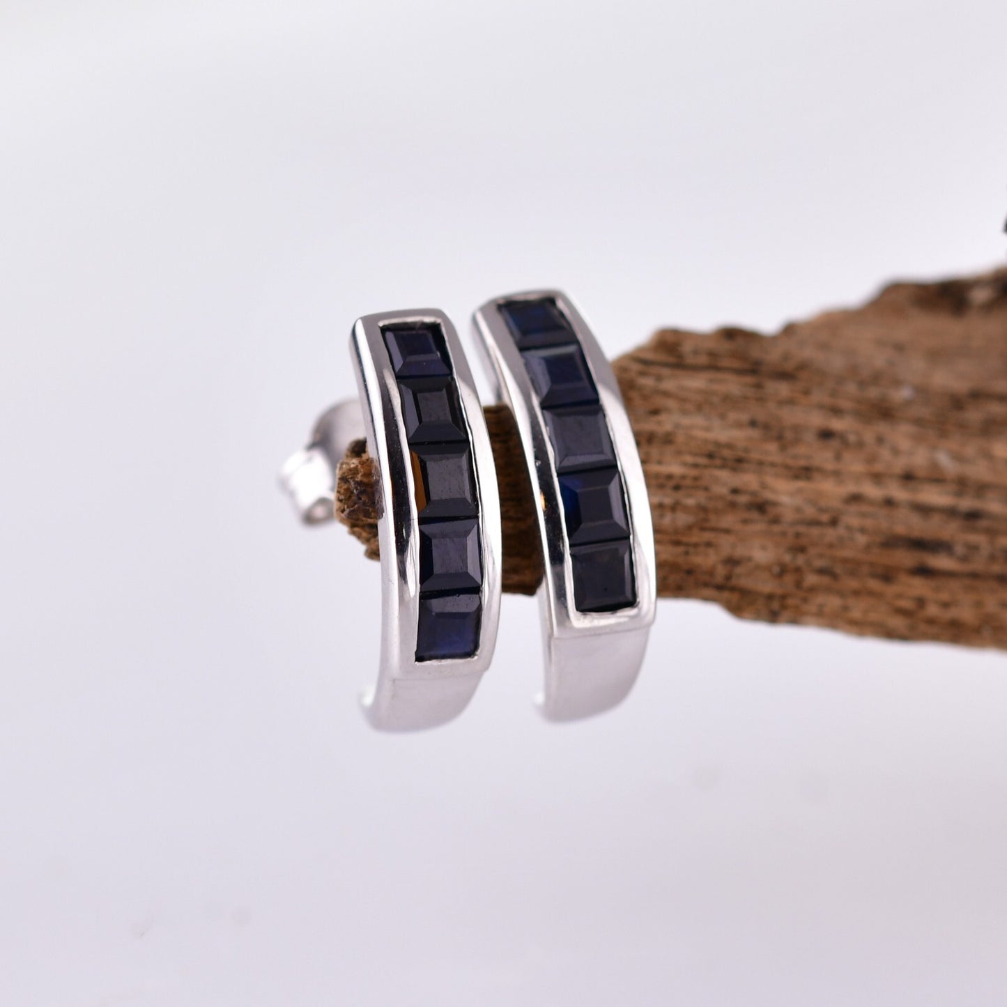 Sterling Silver Earrings Hoop Half Sapphire Ink Blue Oval Womens
