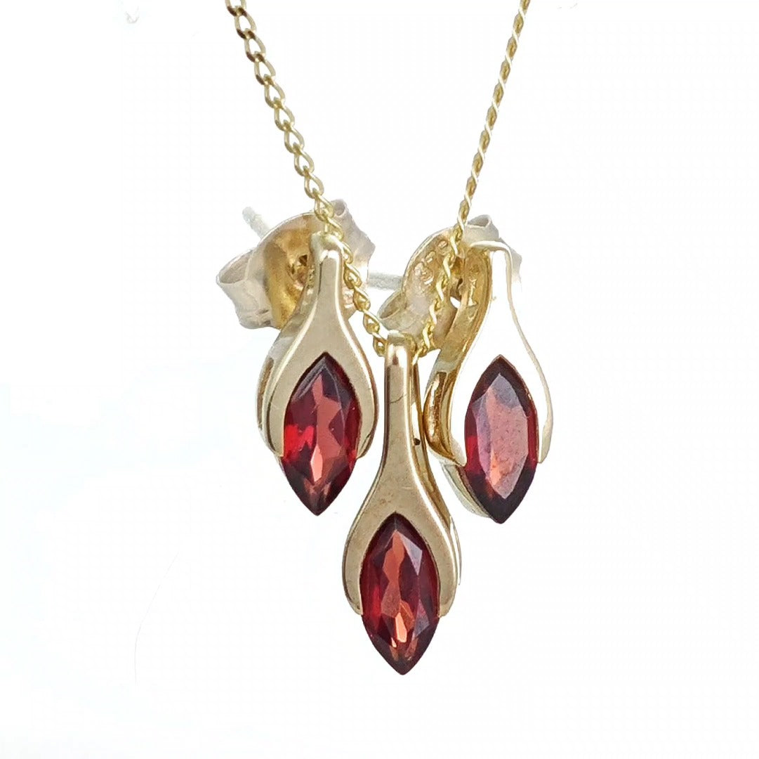 garnet set necklace and earrings 9ct yellow gold minimalist marquise designed in the UK