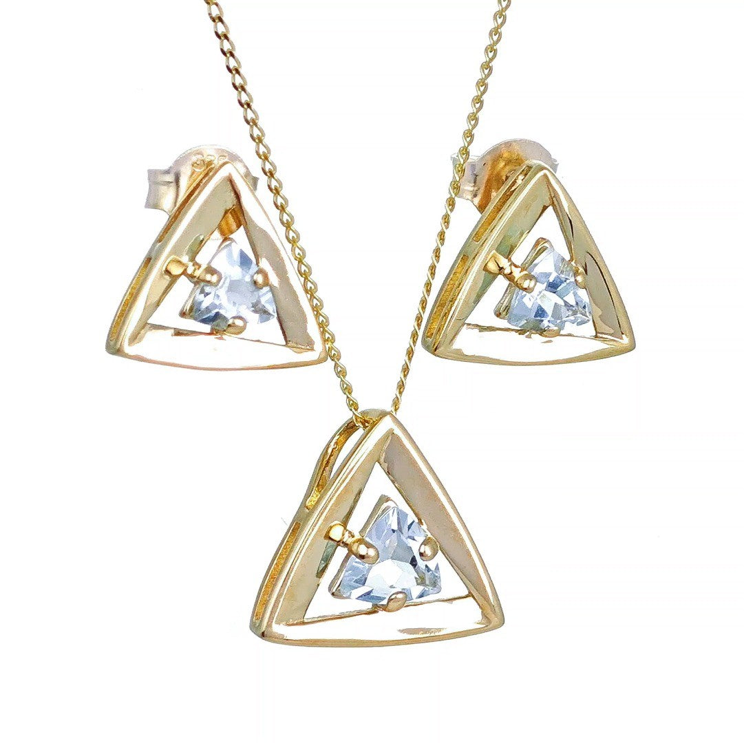 Aquamarine Set Pendant Earrings 9ct Yellow Gold Trillion