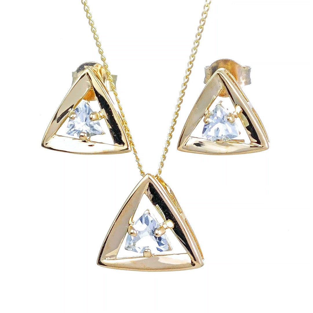 Aquamarine Set Pendant Earrings 9ct Yellow Gold Trillion