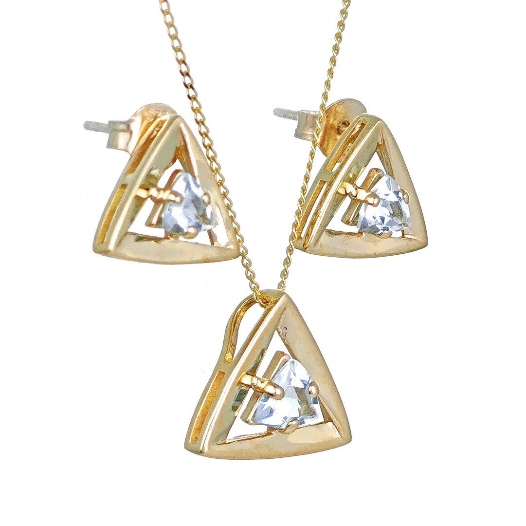 Aquamarine Set Pendant Earrings 9ct Yellow Gold Trillion