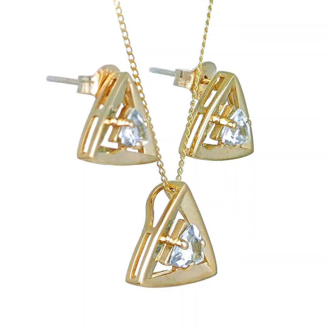 Aquamarine Set Pendant Earrings 9ct Yellow Gold Trillion