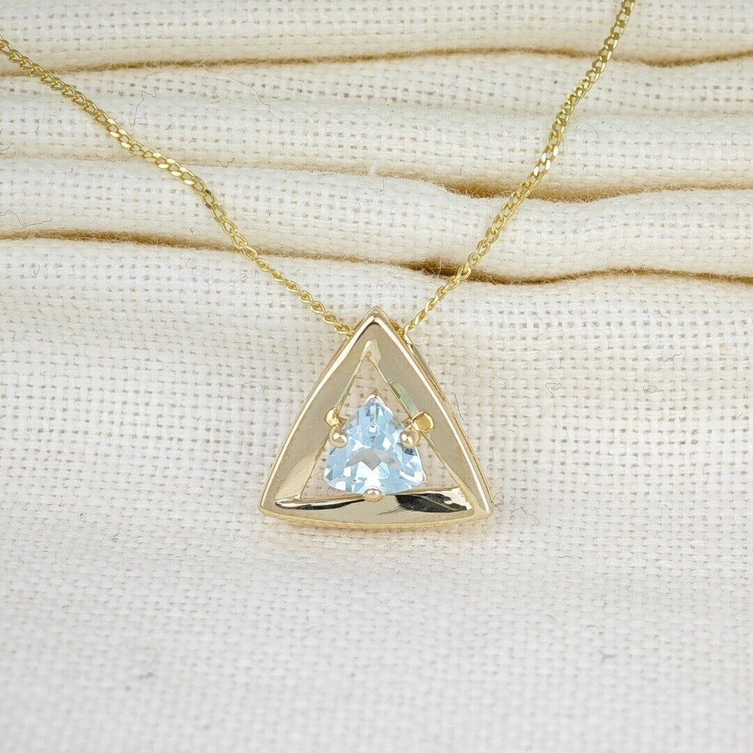 9ct Gold Aquamarine Necklace Natural Blue Trillion Gemstone