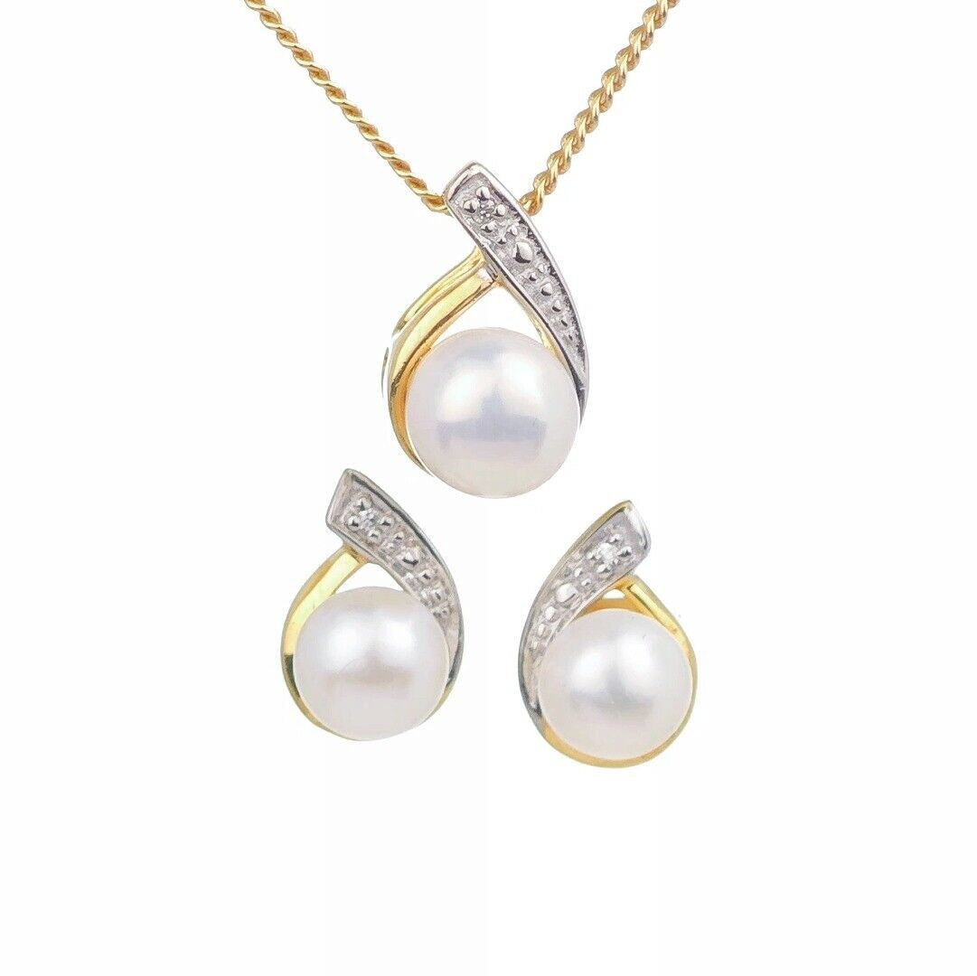 Pearl Necklace Diamond Earring Set Gold Plated Sterling Silver