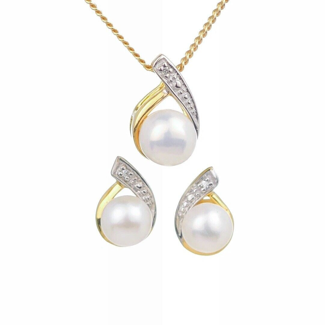 Pearl Necklace Diamond Earring Set Gold Plated Sterling Silver
