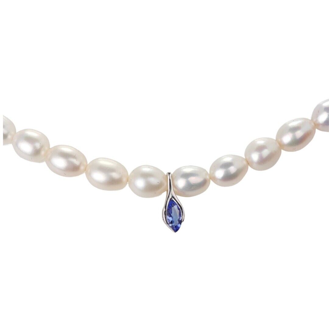 pearl tanzanite necklace sterling silver blue and fresh water white handmade designed in the UK