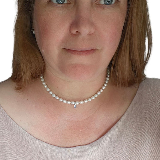 Pearl Tanzanite Necklace Sterling Silver Blue and Fresh Water White Handmade