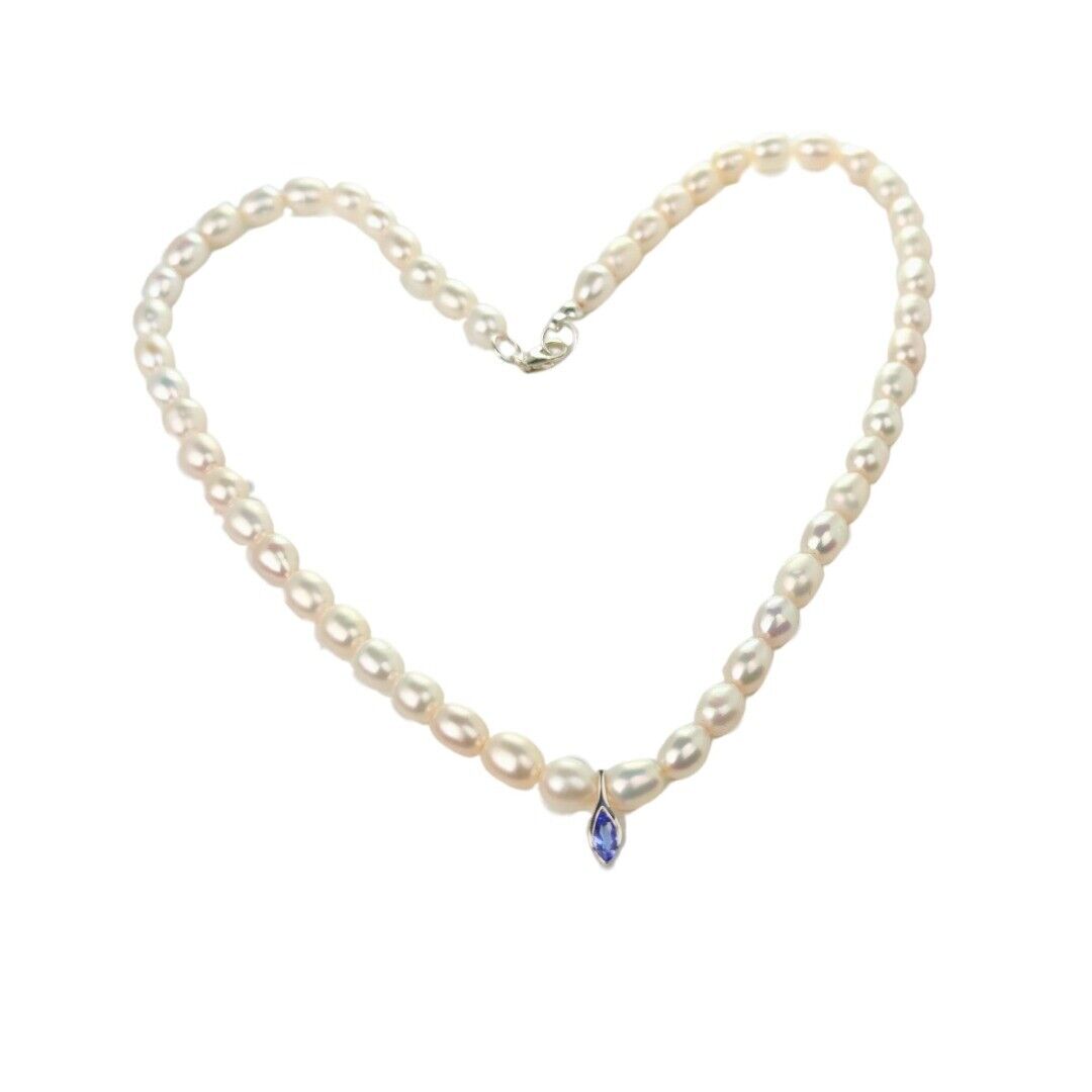 Pearl Tanzanite Necklace Sterling Silver Blue and Fresh Water White Handmade