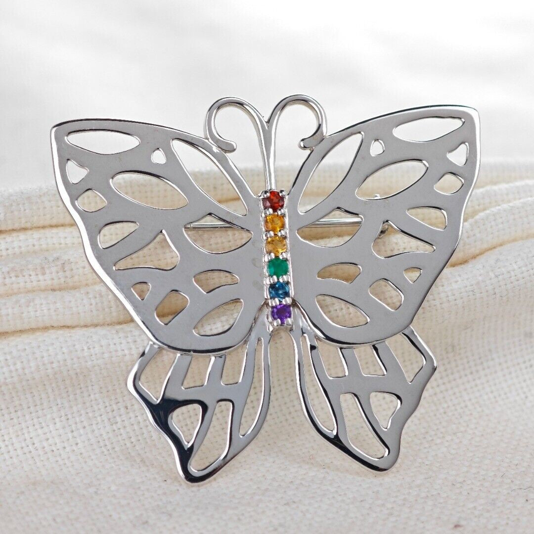 Silver Rainbow Butterfly Brooch Multi Natural Gemstone Pride