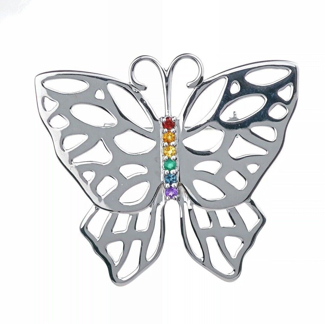 Silver Rainbow Butterfly Brooch Multi Natural Gemstone Pride