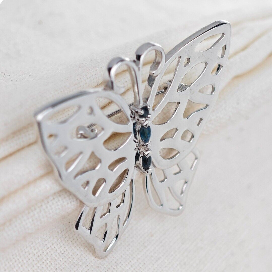 Sterling Silver Butterfly Brooch London Blue Topaz Treated Natural Gemstone