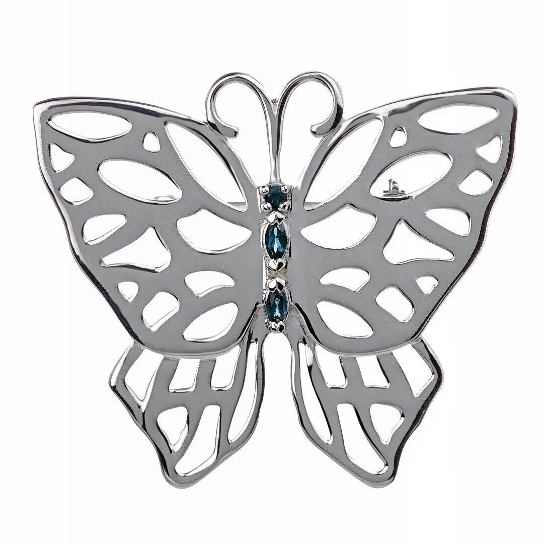 Sterling Silver Butterfly Brooch London Blue Topaz Treated Natural Gemstone