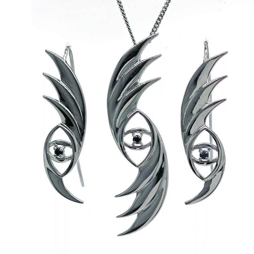Evil Eye Sapphire Necklace Dangle Earrings Set Sterling Silver Natural Blue Gemstone