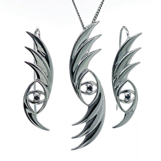Evil Eye Sapphire Necklace Dangle Earrings Set Sterling Silver Natural Blue Gemstone