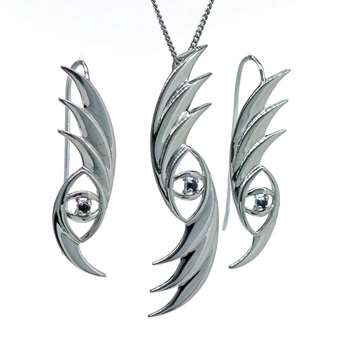 Evil Eye Sapphire Necklace Dangle Earrings Set Sterling Silver Natural Blue Gemstone
