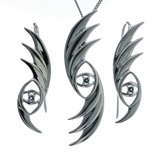 Evil Eye Necklace Dangle Earrings Set Sterling Silver Natural Treated London Blue Topaz