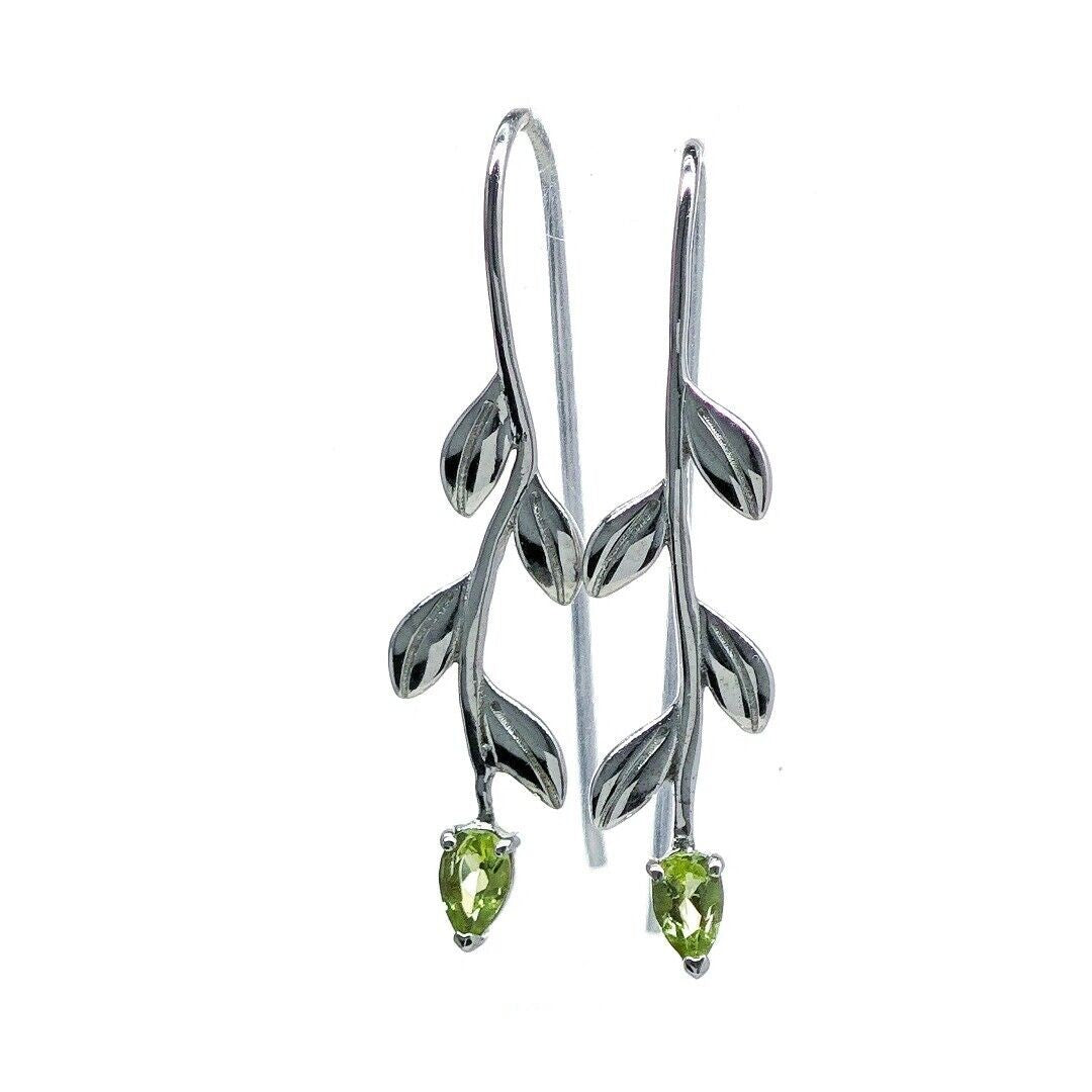 peridot dangle earrings leaf motif natural green gemstones hook designed in the UK