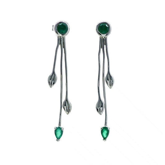 Green Dangle Earrings Leaf Motif Natural Dyed Gemstones Butterfly