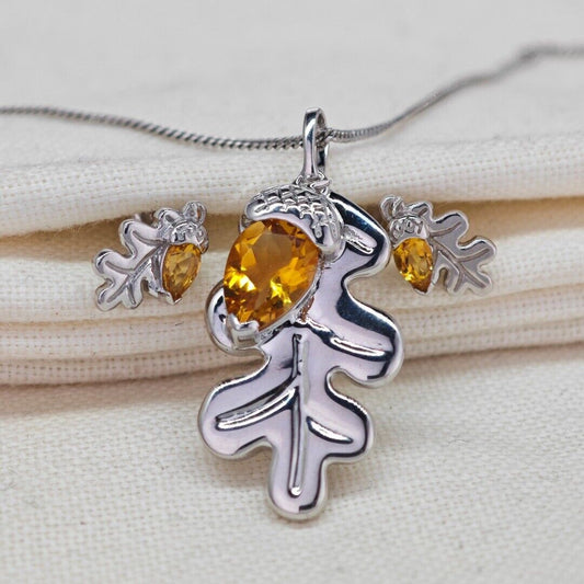 Citrine Necklace Stud Earring Set Sterling Silver Oak Leaf Natural Yellow Gemstone