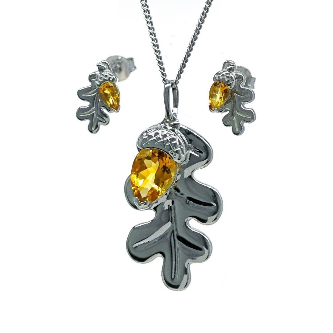 Citrine Necklace Stud Earring Set Sterling Silver Oak Leaf Natural Yellow Gemstone