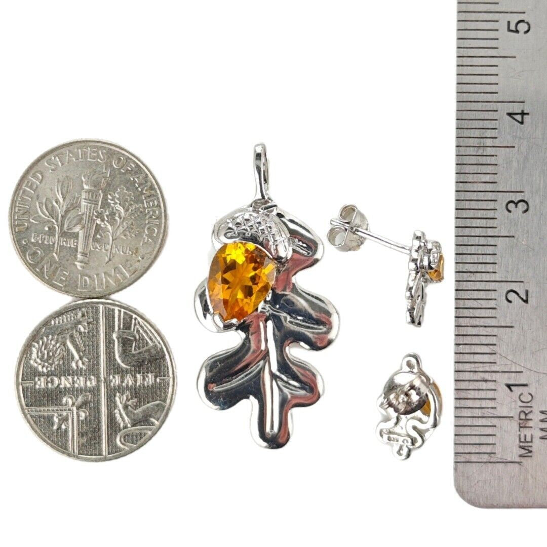 Citrine Necklace Stud Earring Set Sterling Silver Oak Leaf Natural Yellow Gemstone