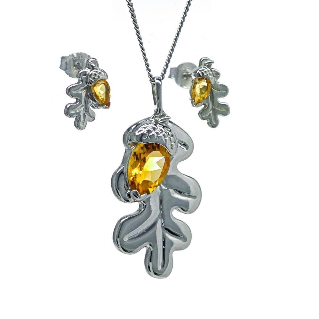 Citrine Necklace Stud Earring Set Sterling Silver Oak Leaf Natural Yellow Gemstone