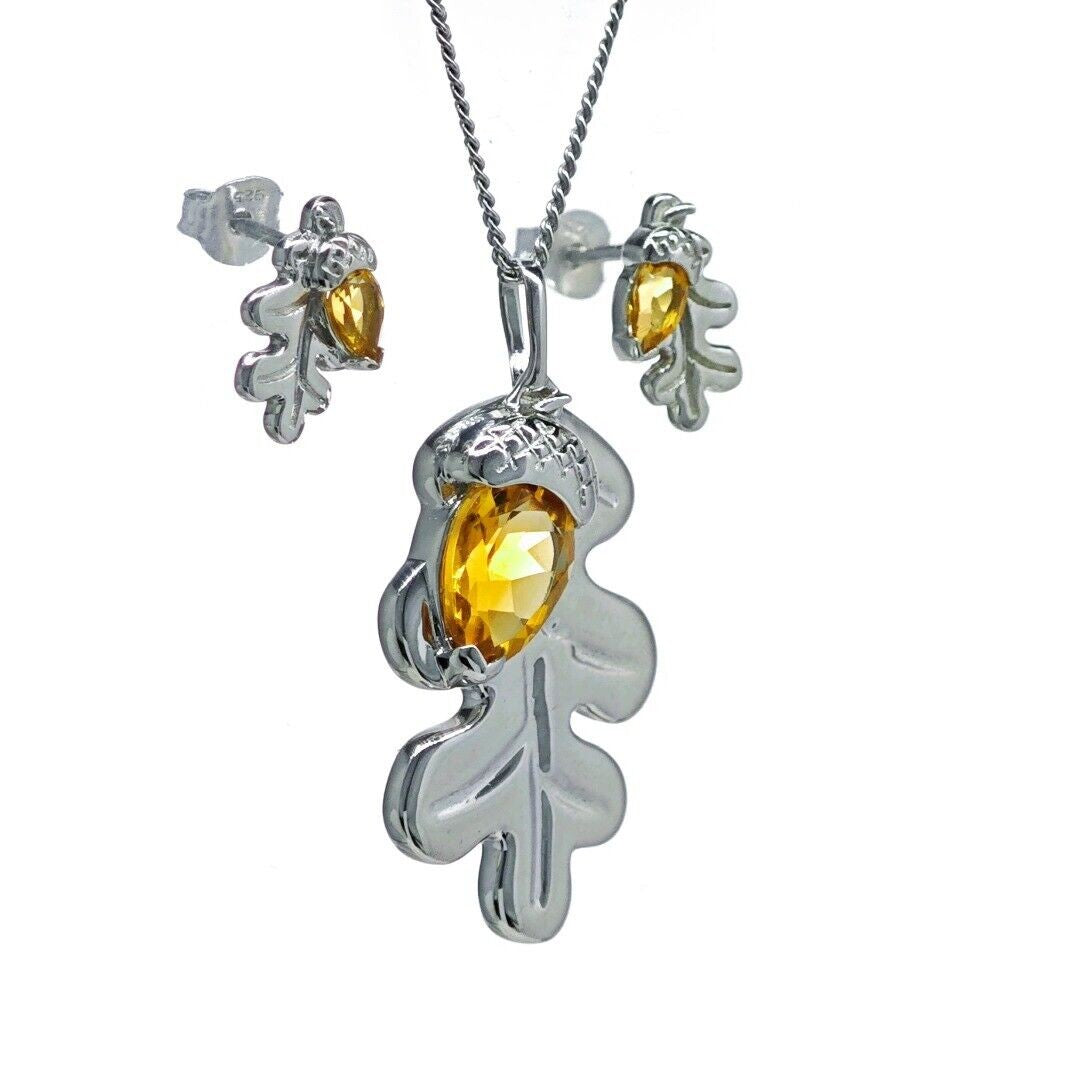 Citrine Necklace Stud Earring Set Sterling Silver Oak Leaf Natural Yellow Gemstone