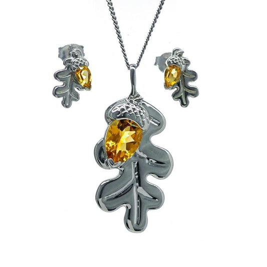 Citrine Necklace Stud Earring Set Sterling Silver Oak Leaf Natural Yellow Gemstone