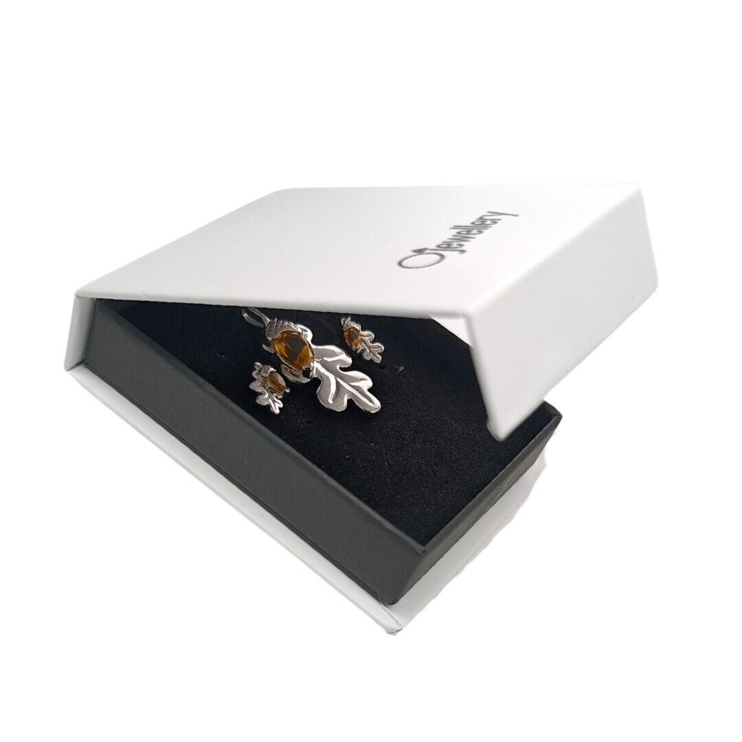 Citrine Necklace Stud Earring Set Sterling Silver Oak Leaf Natural Yellow Gemstone