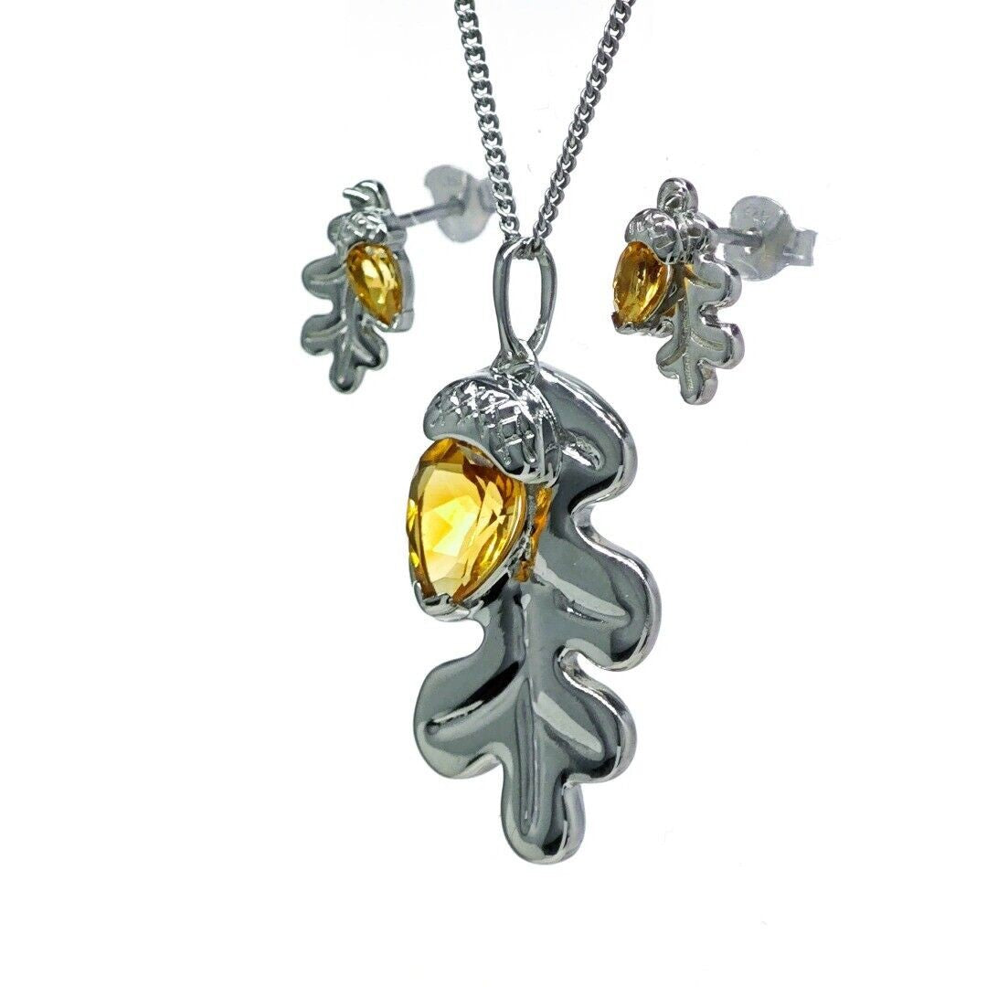 Citrine Necklace Stud Earring Set Sterling Silver Oak Leaf Natural Yellow Gemstone
