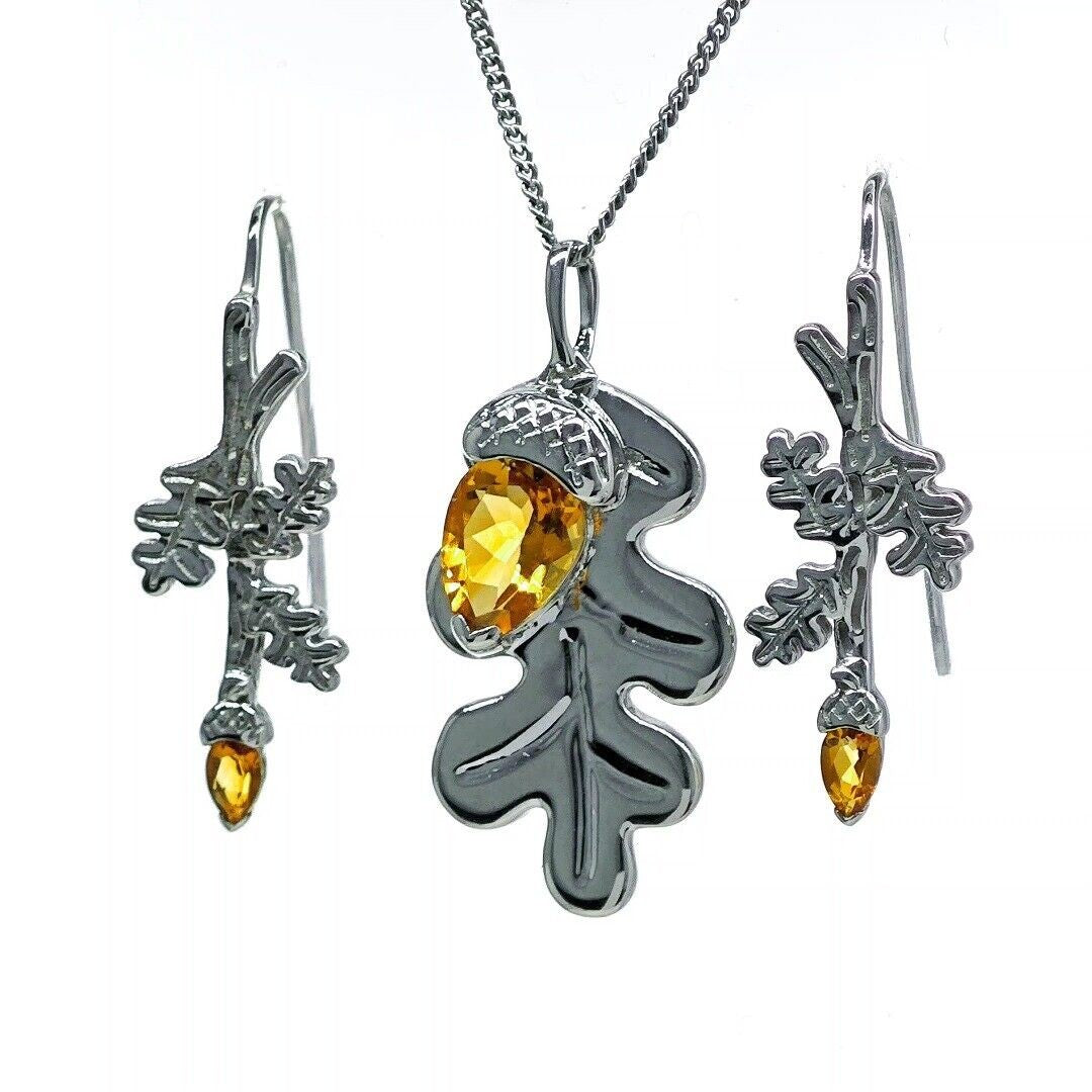 Oak Leaf Acorn Necklace Dangle Earring Set