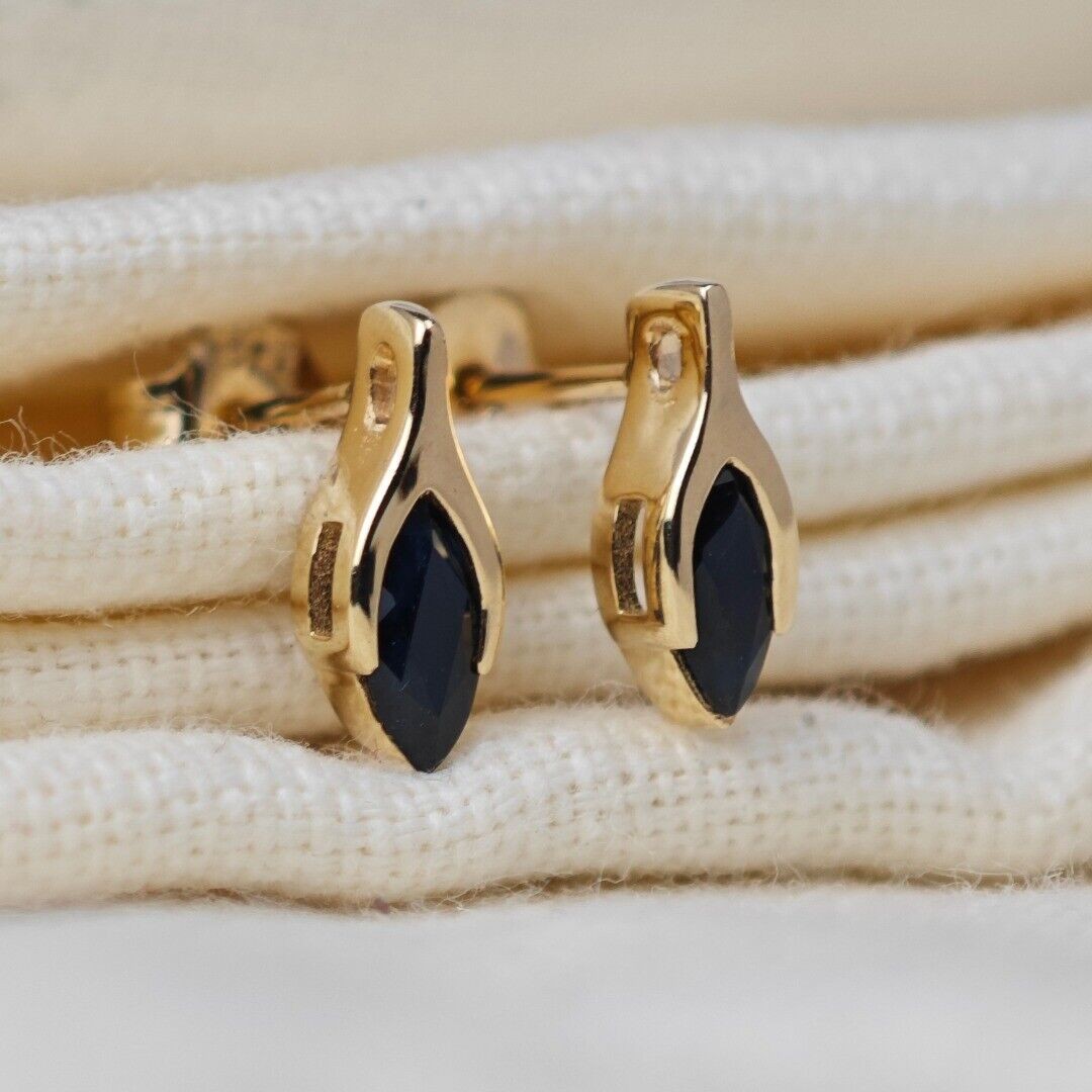 9ct Gold Sapphire Studs Earrings Dark Inky Blue Minimalist Marquise