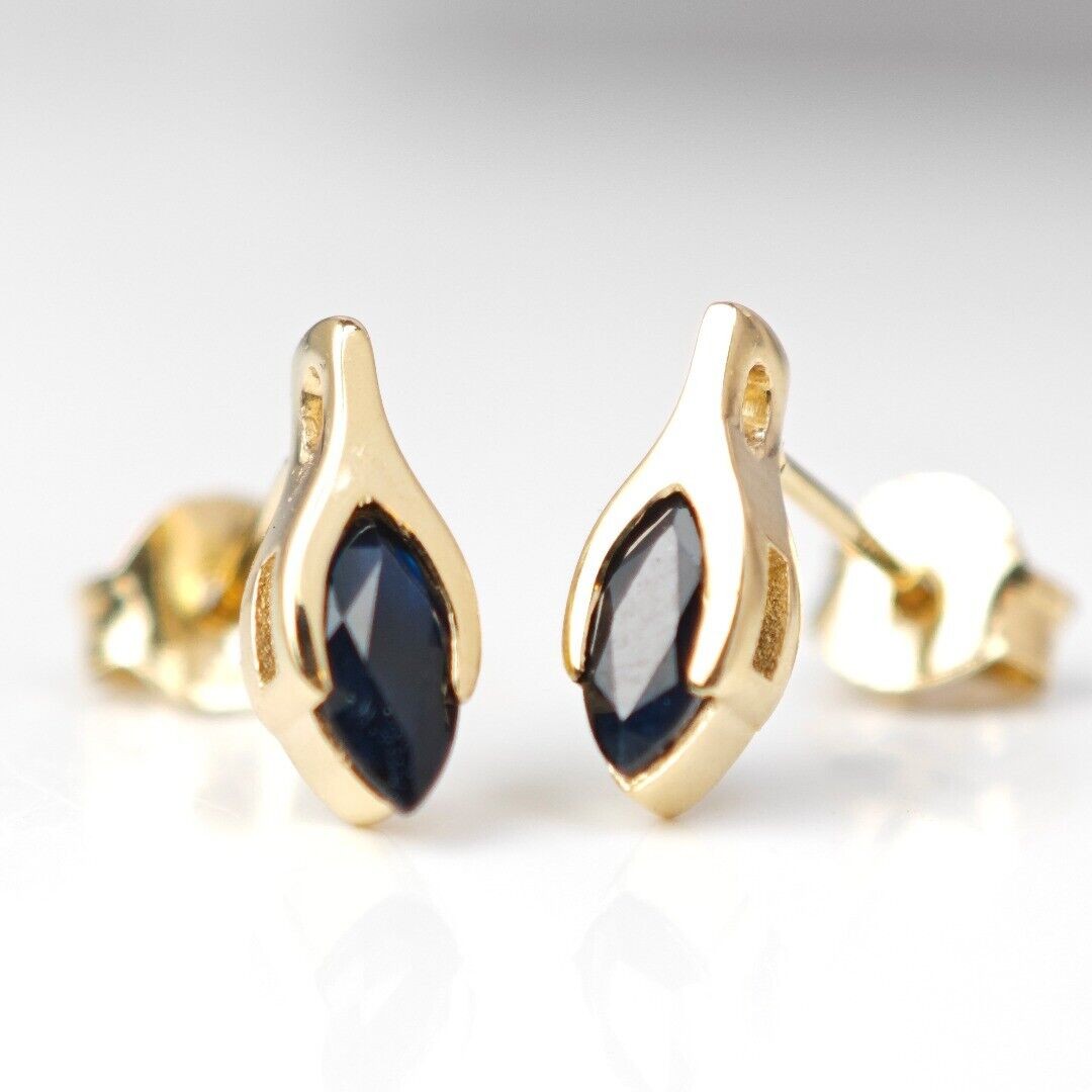 9ct Gold Sapphire Studs Earrings Dark Inky Blue Minimalist Marquise