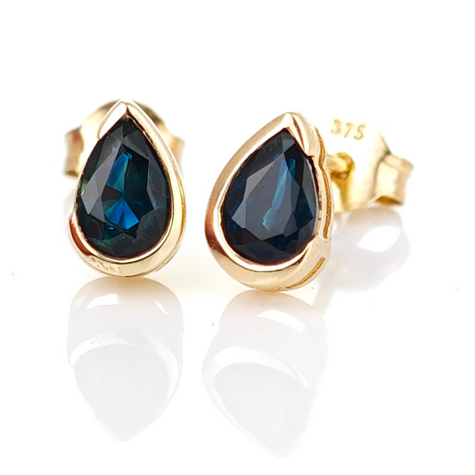 9ct Yellow Gold Sapphire Earrings Natural Vivid Blue Gemstone Studs Handmade