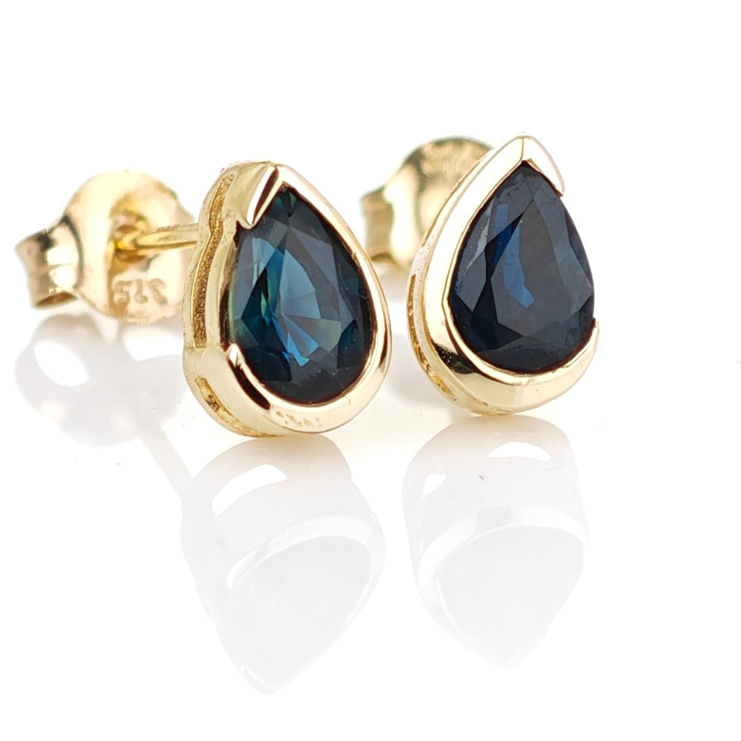 9ct Yellow Gold Sapphire Earrings Natural Vivid Blue Gemstone Studs Handmade