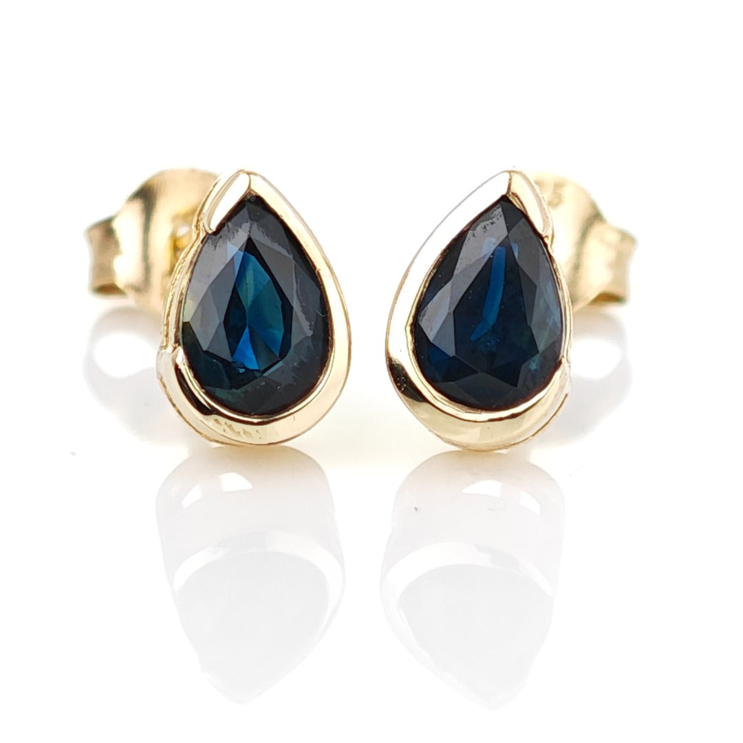 9ct Yellow Gold Sapphire Earrings Natural Vivid Blue Gemstone Studs Handmade